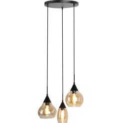 Hanglamp Lungo zwart amber glas 3-lichts