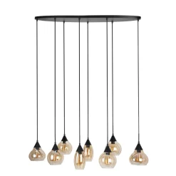 Hanglamp Lungo zwart amber glas 8-lichts