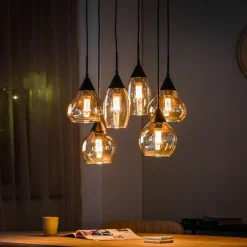 Hanglamp zwart amber glas 6-lichts - Lungo