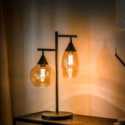 Tafellamp zwart amber glas 2-lichts - Lungo